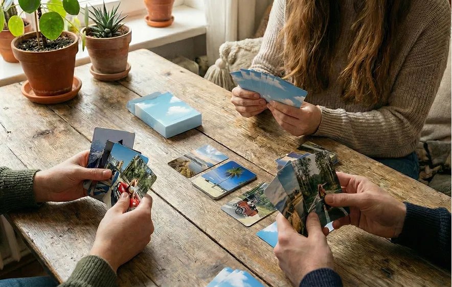 Friends playing with memory cards